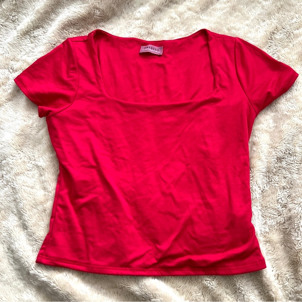 RAGDOLL Woman's Red Square Neckline Crop Top T-Shirt Size M